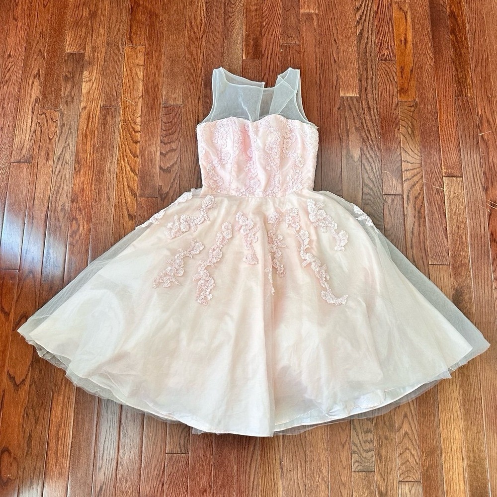 Vintage Steppin Out Baby Pink Embroidered Tulle Sheer Cocktail Dress Size Small - Picture 8 of 11